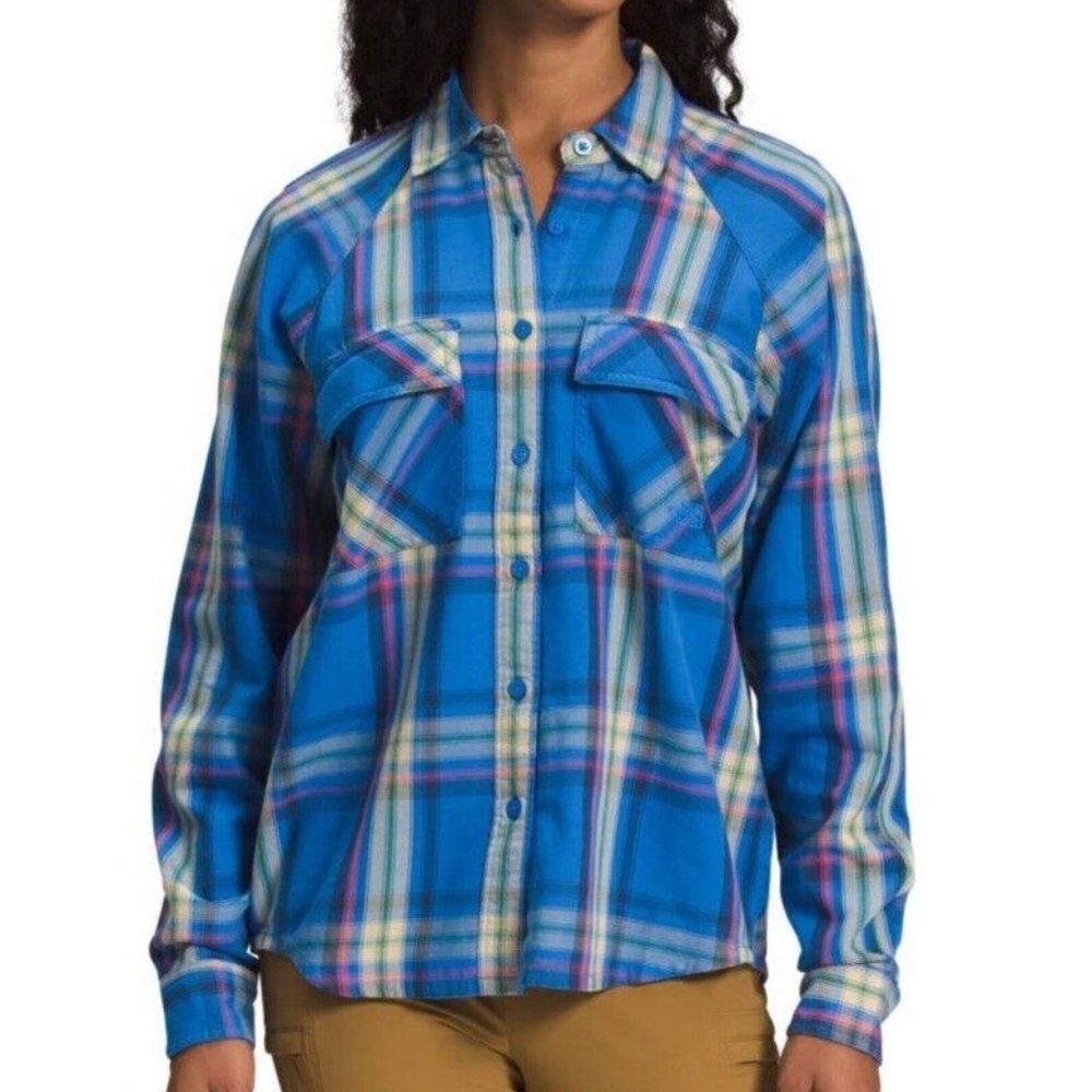 NWT The North Face Women Set Up Camp Flannel Shirt Plaid Blue Relaxed Fit Sz XL
